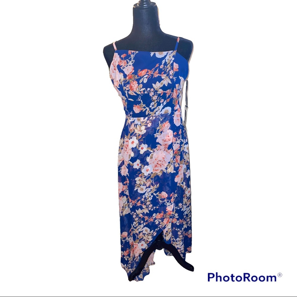 LULU’S Spaghetti Strap Maxi Dress with high low hem and floral pattern